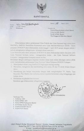 Himbauan Bupati Bantul Berkaitan Dengan Ujian Nasional dan Ujian Sekolah 
